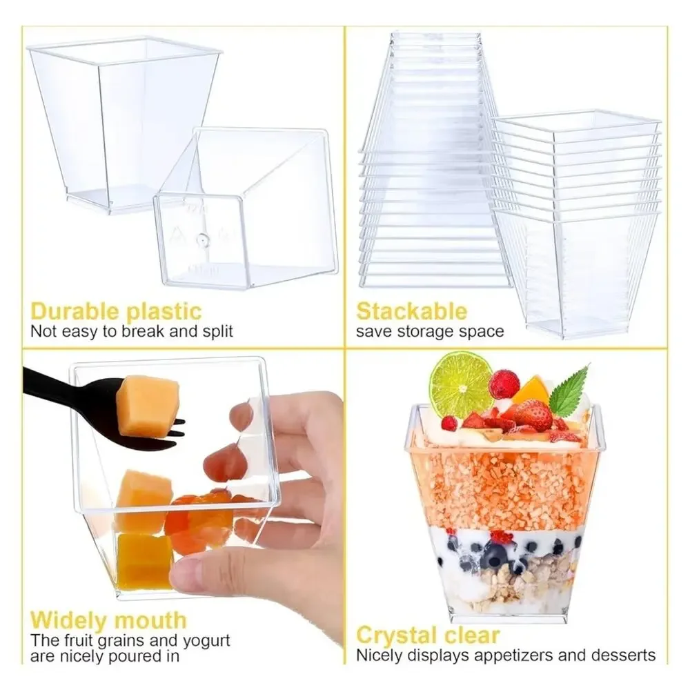 100 Pack 8 Oz Square Plastic Cups, Appetizer Dessert Clear Plastic, Disposable